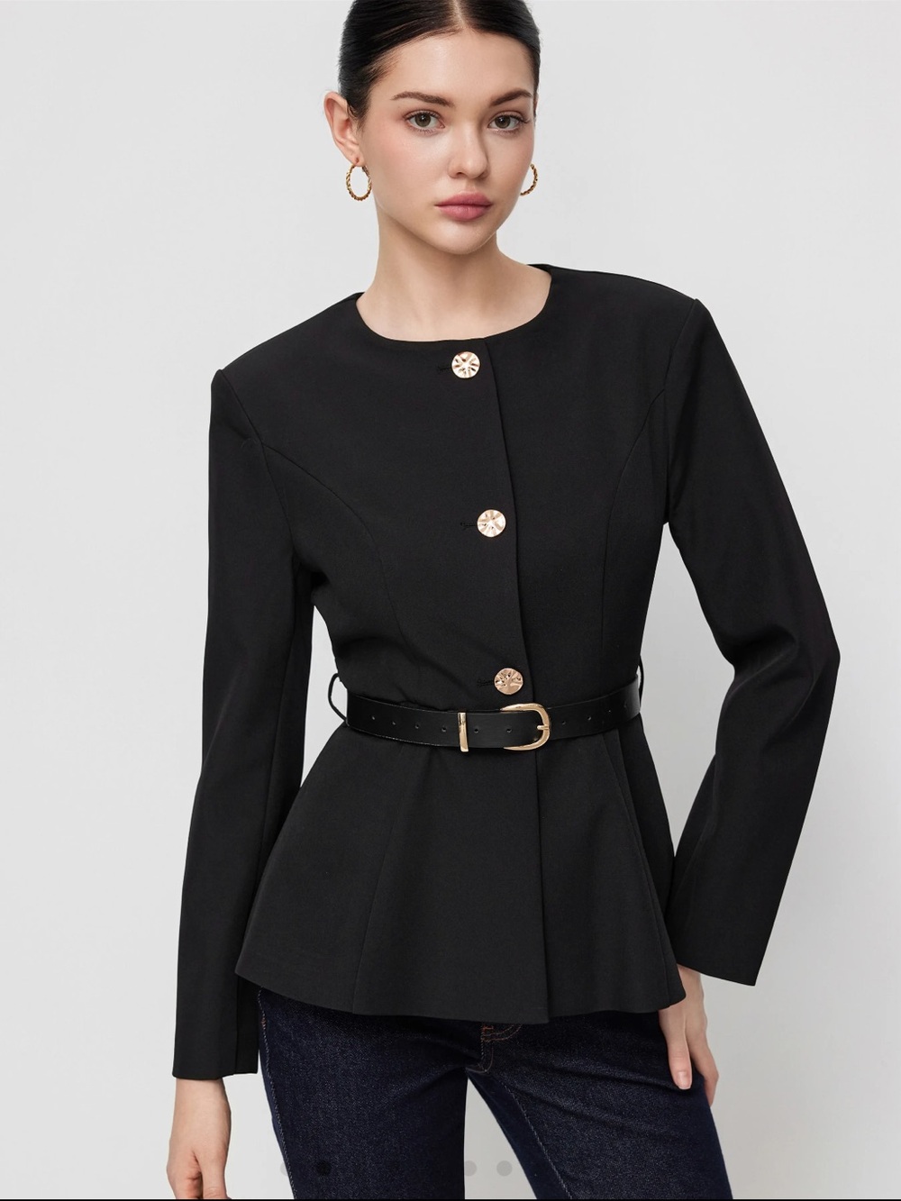 Cider Black Belted Peplum Blazer with Gold Buttons